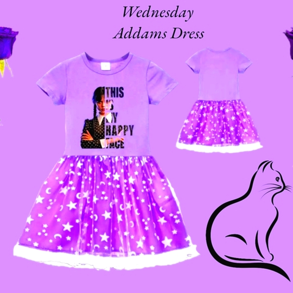Wednesday Addams Purple and White Popular Fit and Flare Girl's Dress NWT - Picture 6 of 10